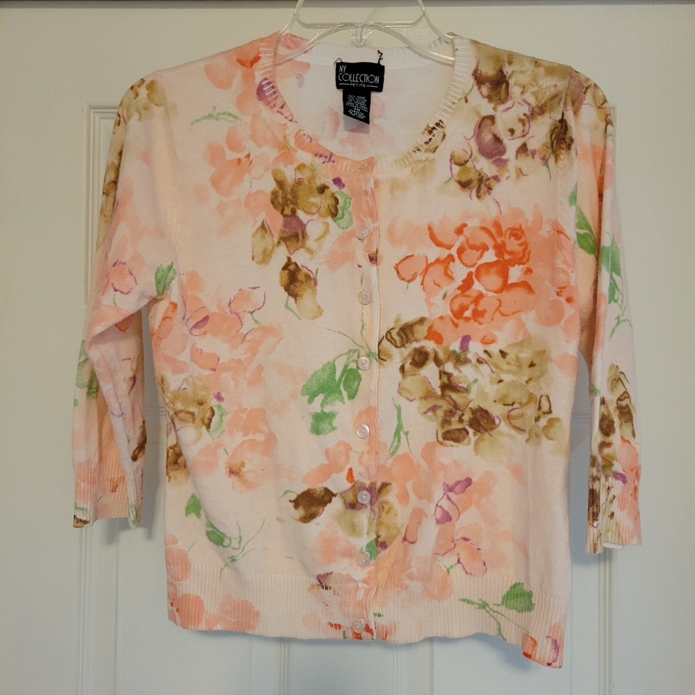 NY Collection Floral Button-Up Cardigan - Pink, Orange, Green, Brown 3/4 Sleeves